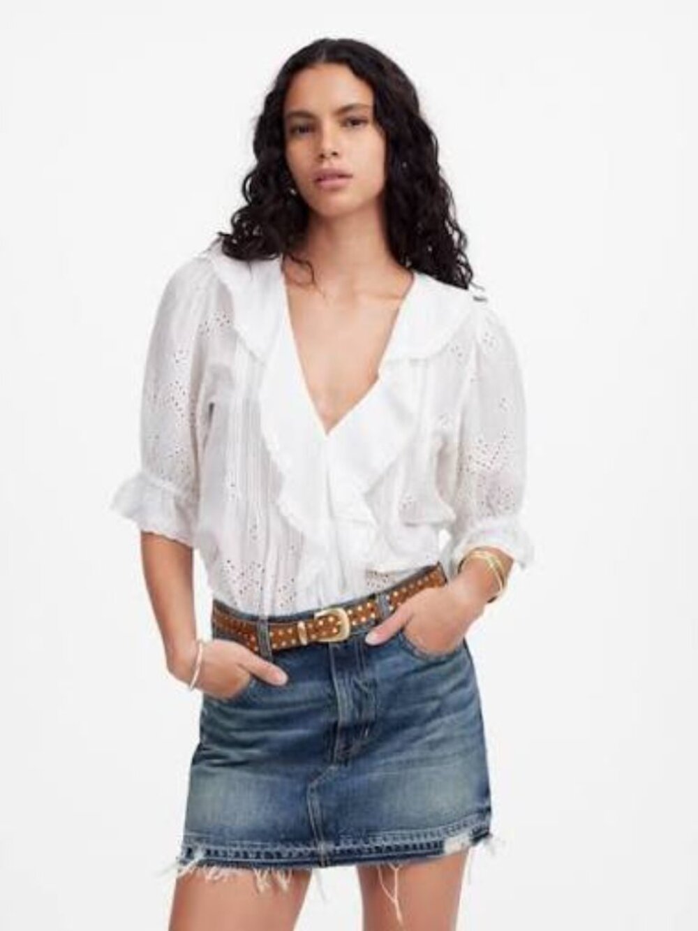 Madewell Medium Wash Distressed Raw Hem Denim Mini Skirt